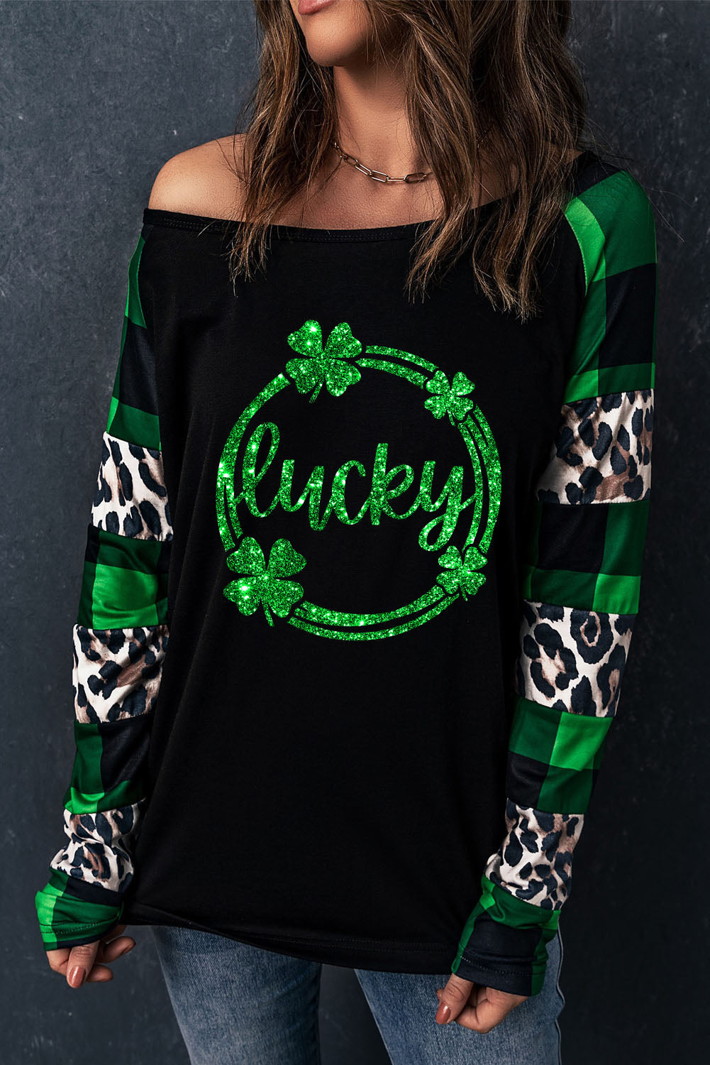 LUCKY Plaid Round Neck T-Shirt-Jewearrings