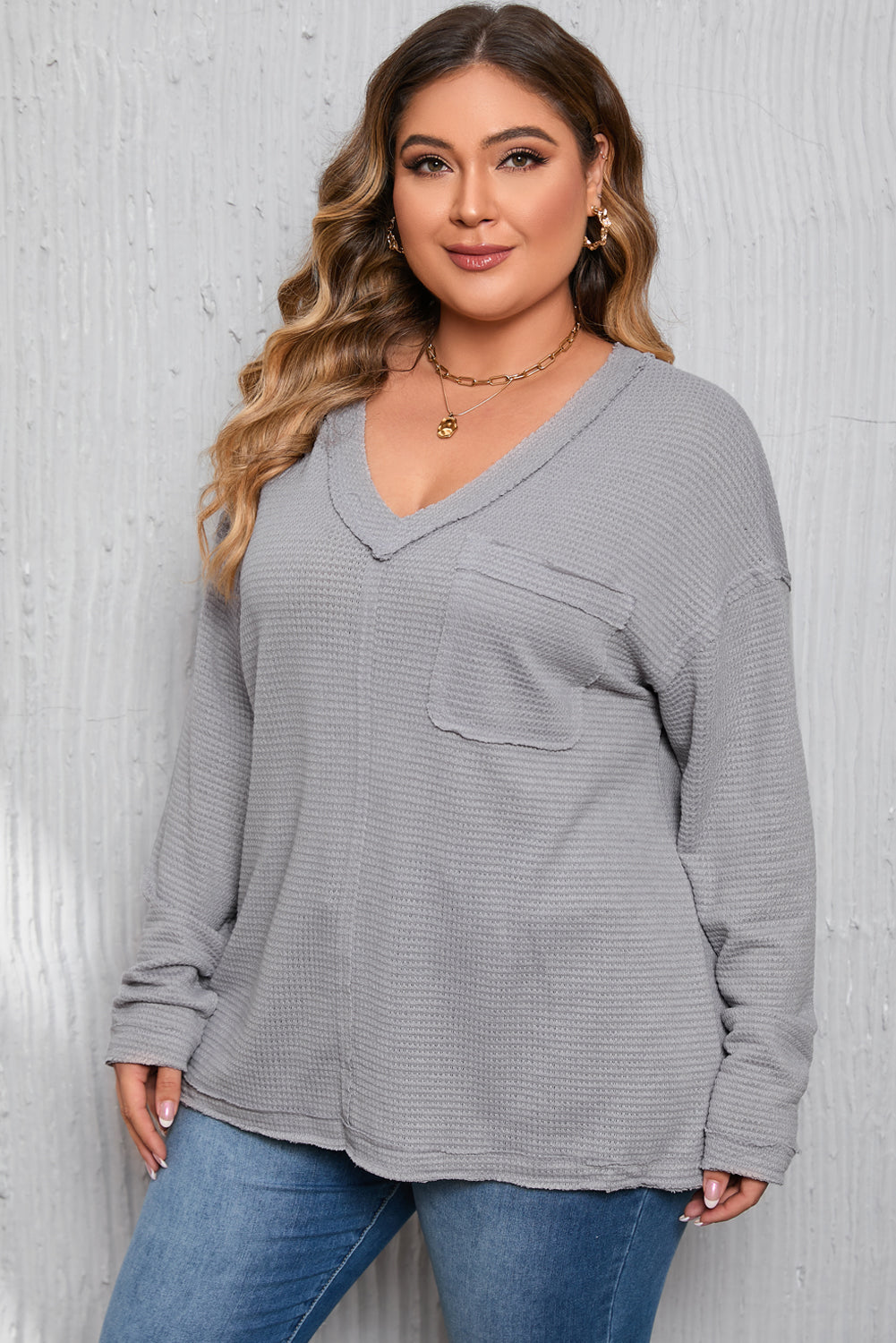 Plus Size Waffle-Knit V-Neck Dropped Shoulder T-Shirt-Jewearrings