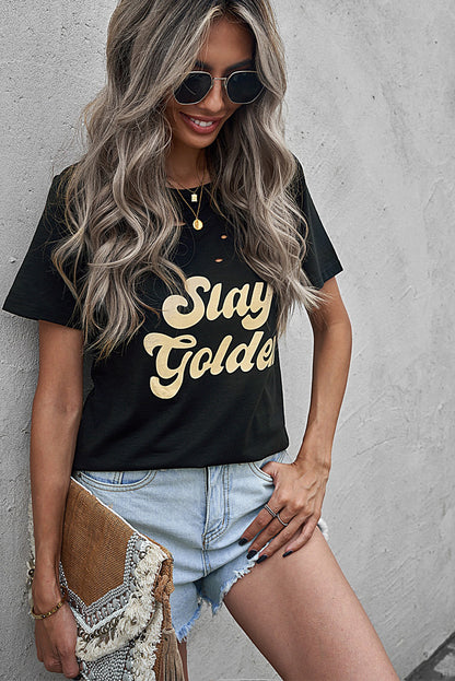 SLAY GOLDEN Distressed Round Neck Tee-Jewearrings