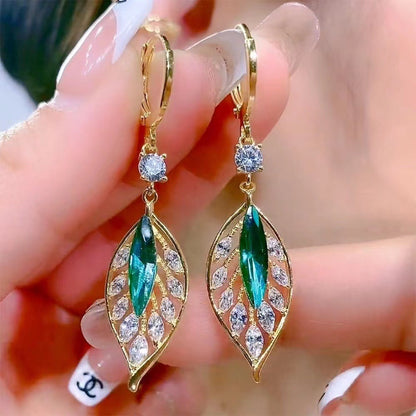 Shining Zircon Green Leaves Ear Clip Trendy Elegant Earrings-Jewearrings