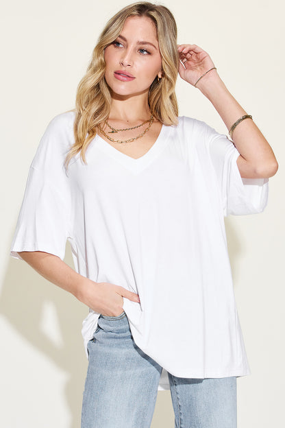 Basic Bae Full Size Bamboo V-Neck Drop Shoulder T-Shirt-Jewearrings