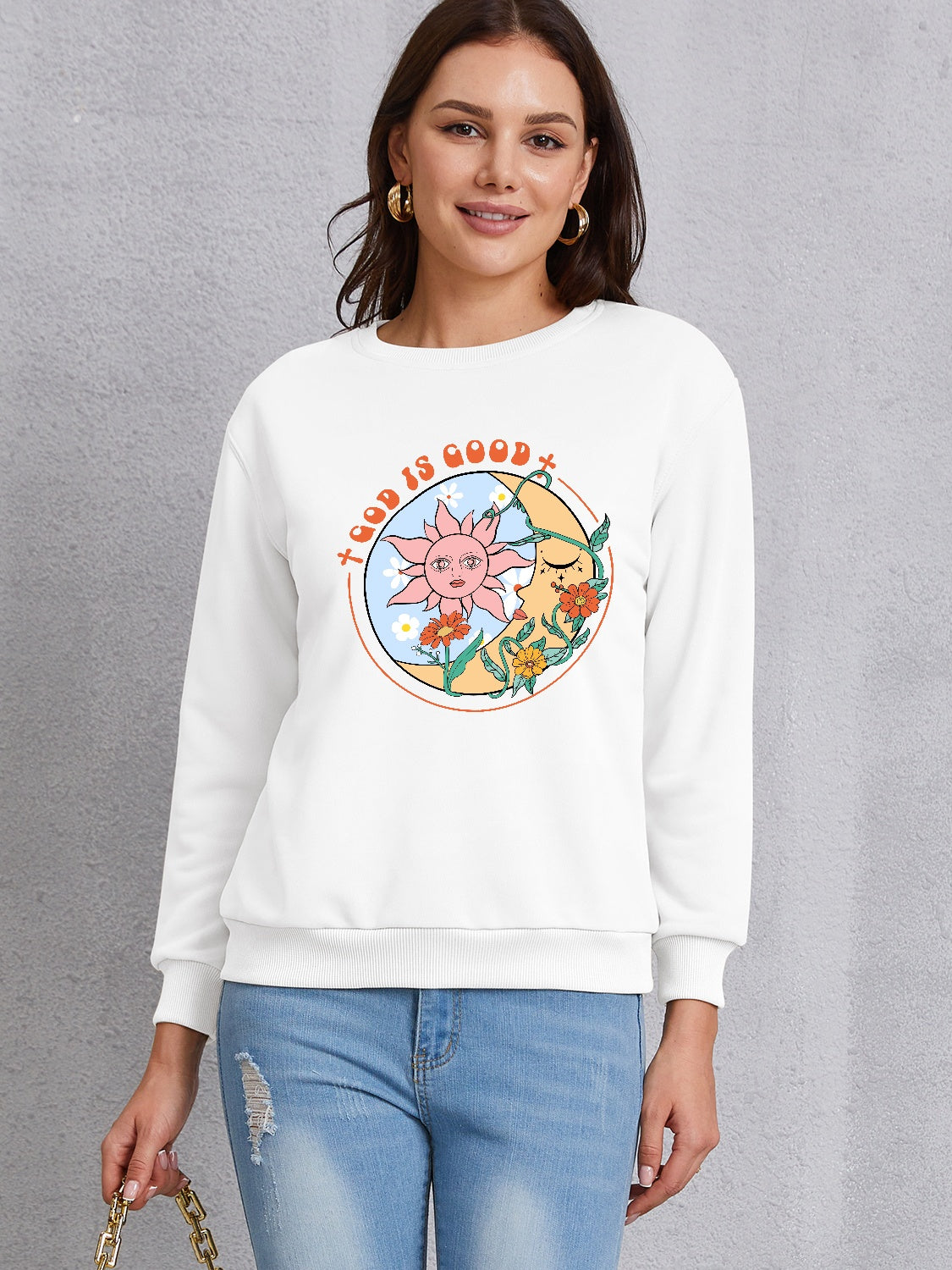 Graphic Round Neck Dropped Shoulder Sweatshirt-Jewearrings