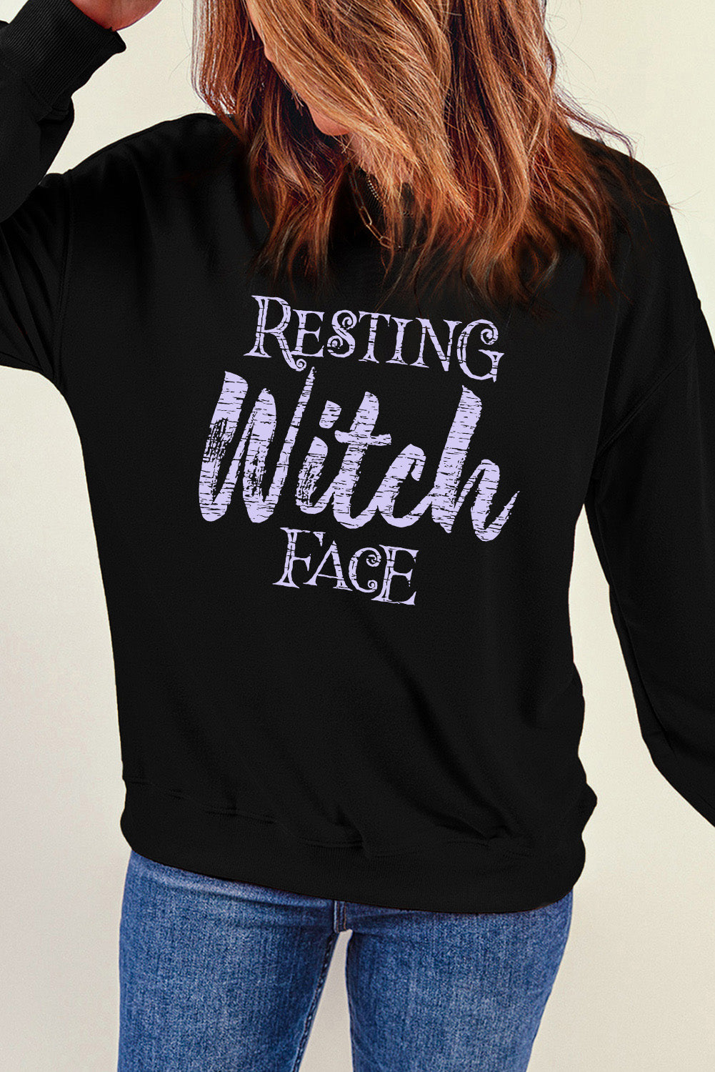 Round Neck Long Sleeve RESTING WITCH FACE Graphic Sweatshirt-Jewearrings