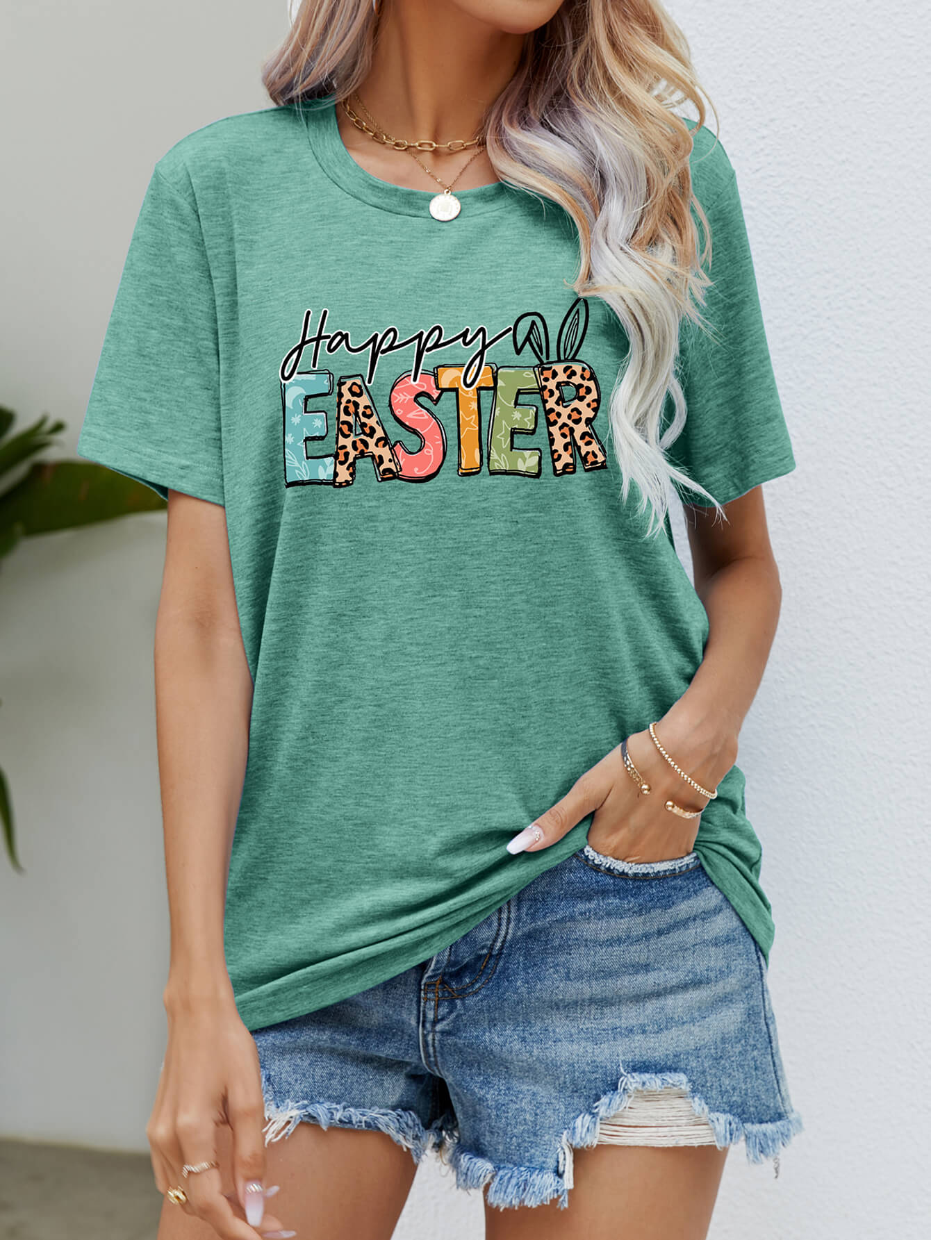 HAPPY EASTER Graphic Round Neck Tee Shirt-Jewearrings