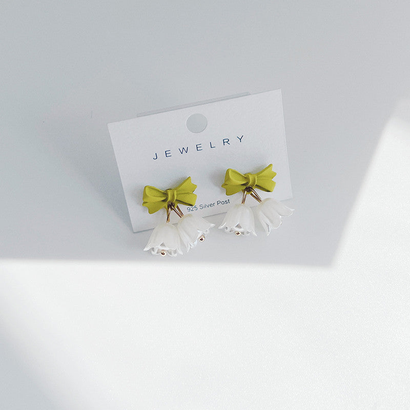 Ladies Silver Pin Green Bowknot Stud Earrings-Jewearrings