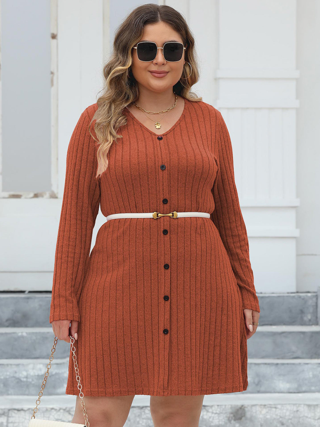 Plus Size Ribbed Buttoned V-Neck Long Sleeve Dress-Jewearrings