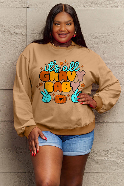 Simply Love Full Size IT'S ALL GRAVY BABY Long Sleeve Sweatshirt-Jewearrings