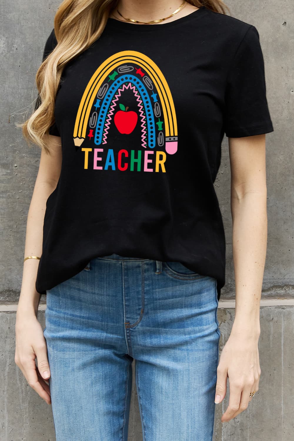 Simply Love Full Size TEACHER Rainbow Graphic Cotton Tee-Jewearrings