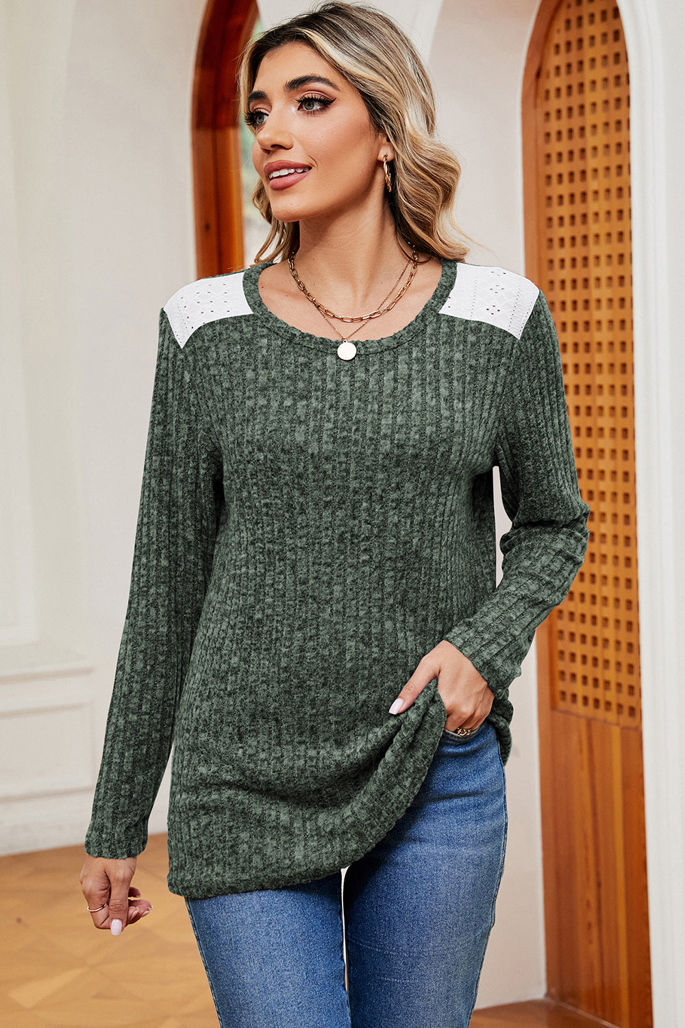 Eyelet Ribbed Round Neck Long Sleeve T-Shirt-Jewearrings