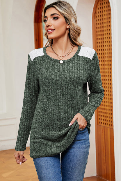 Eyelet Ribbed Round Neck Long Sleeve T-Shirt-Jewearrings