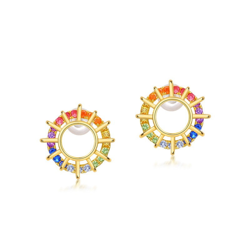 S925 Sterling Silver Rainbow Stud Earrings Full Of Colorful Zircon Sun Earrings-Jewearrings