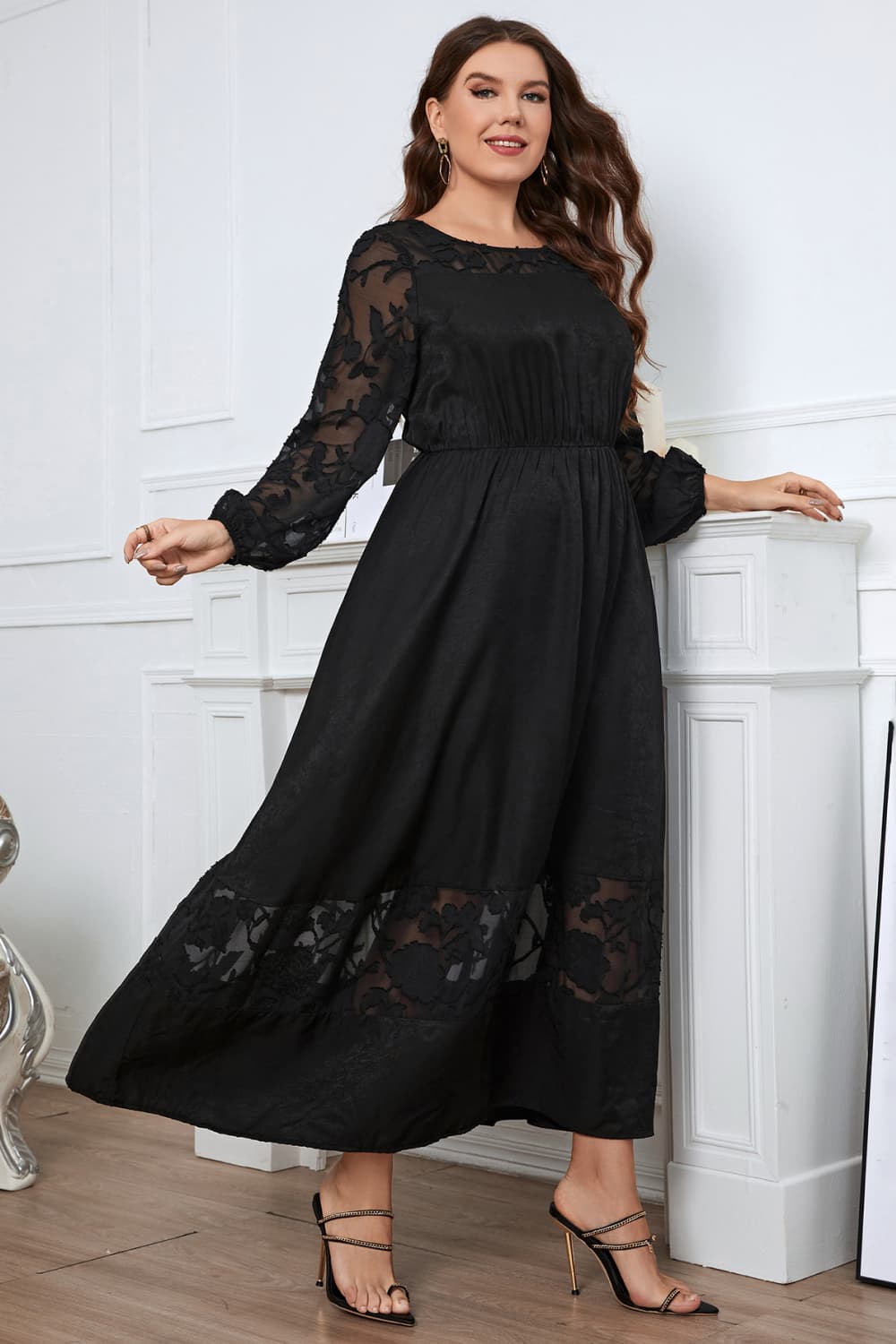 Melo Apparel Plus Size Embroidery Round Neck Long Sleeve Maxi Dress-Jewearrings