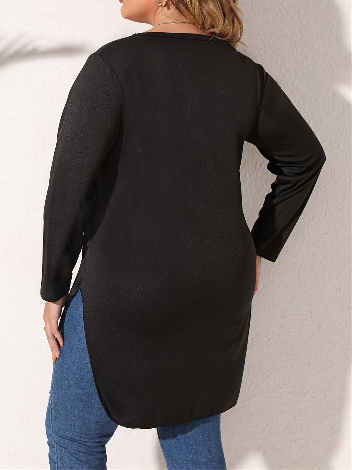 Plus Size Slit Long Sleeve T-Shirt-Jewearrings