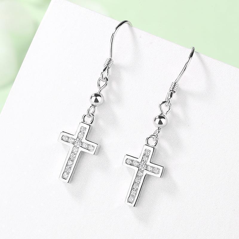 Classic Cross Ear Hook Earrings In Sterling Silver-Jewearrings