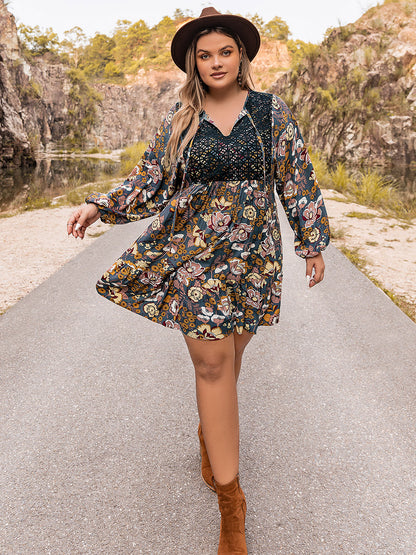 Plus Size Floral Tie Neck Balloon Sleeve Mini Dress-Jewearrings