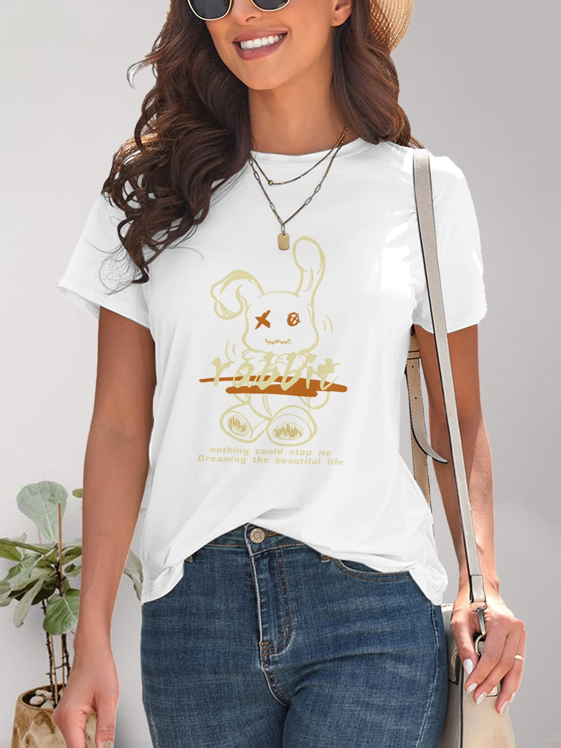 Rabbit Graphic Round Neck Short Sleeve T-Shirt-Jewearrings