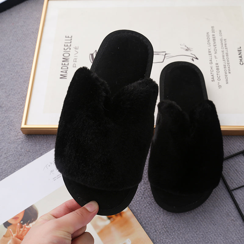 Faux Fur Open Toe Slippers-Jewearrings