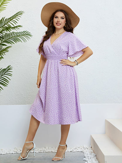 Plus Size Printed Smocked Waist Surplice Dress-Jewearrings