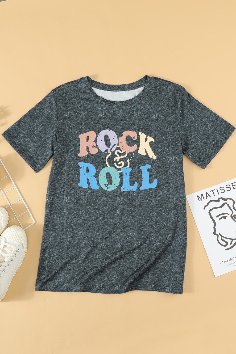 ROCK & ROLL Graphic Round Neck Short Sleeve Tee-Jewearrings