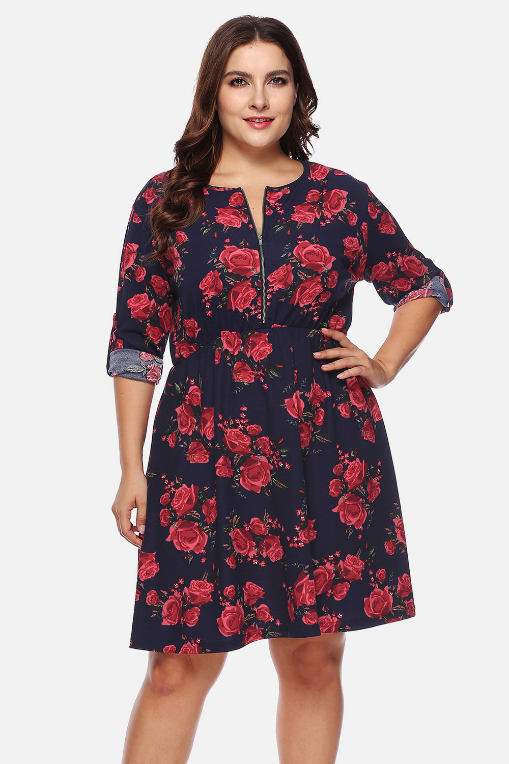 Plus Size Floral Print Half Zip Up Dress-Jewearrings