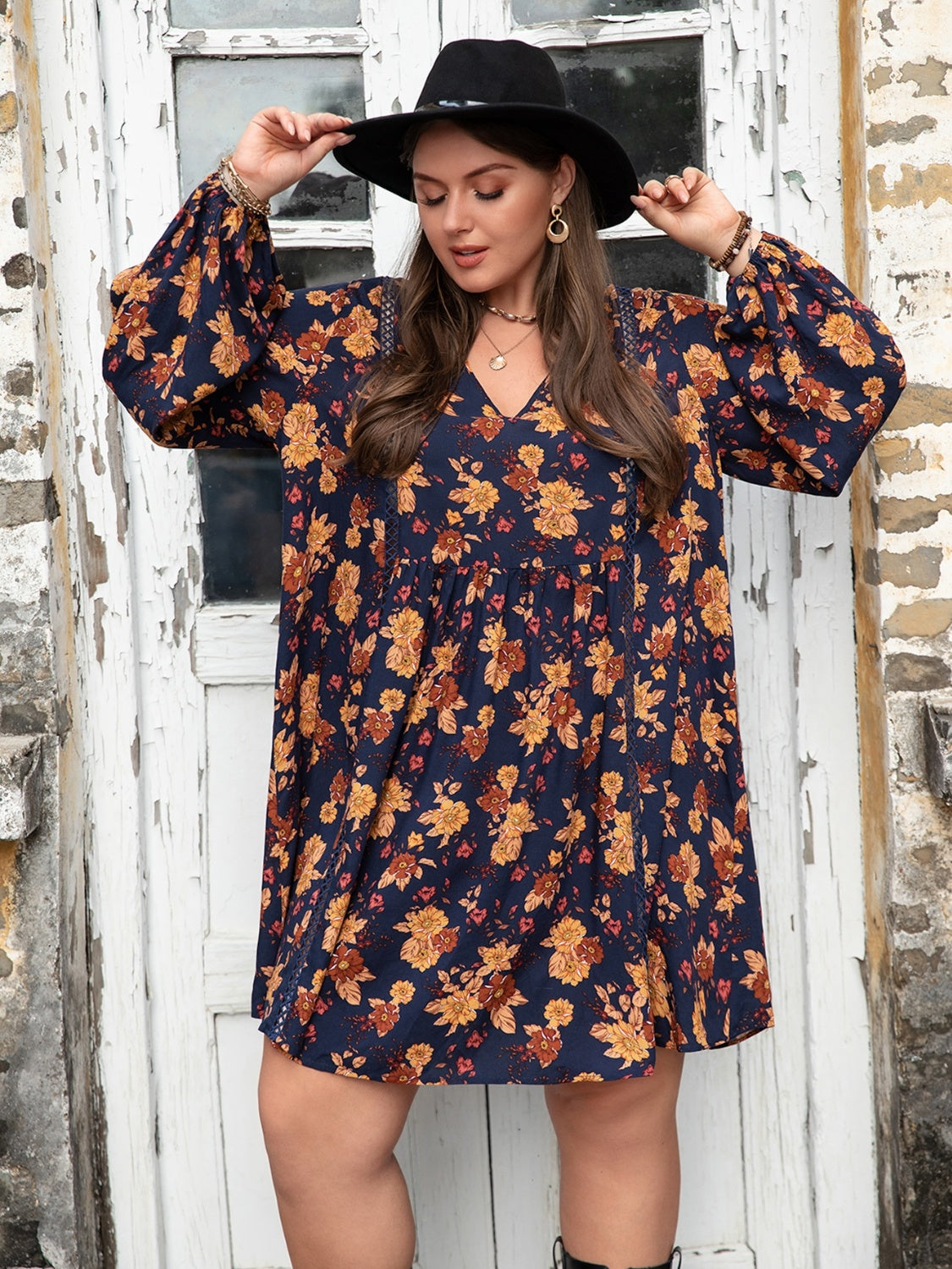 Plus Size Floral V-Neck Balloon Sleeve Dress-Jewearrings