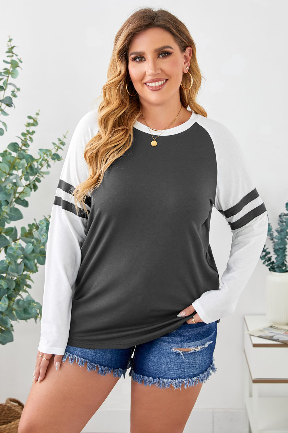 Plus Size Striped Raglan Sleeve T-Shirt-Jewearrings