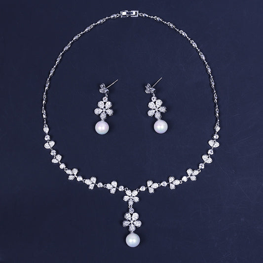 Pearl Zircon Earrings Two-piece Suit Bridal Wedding Dress Necklace-Jewearrings