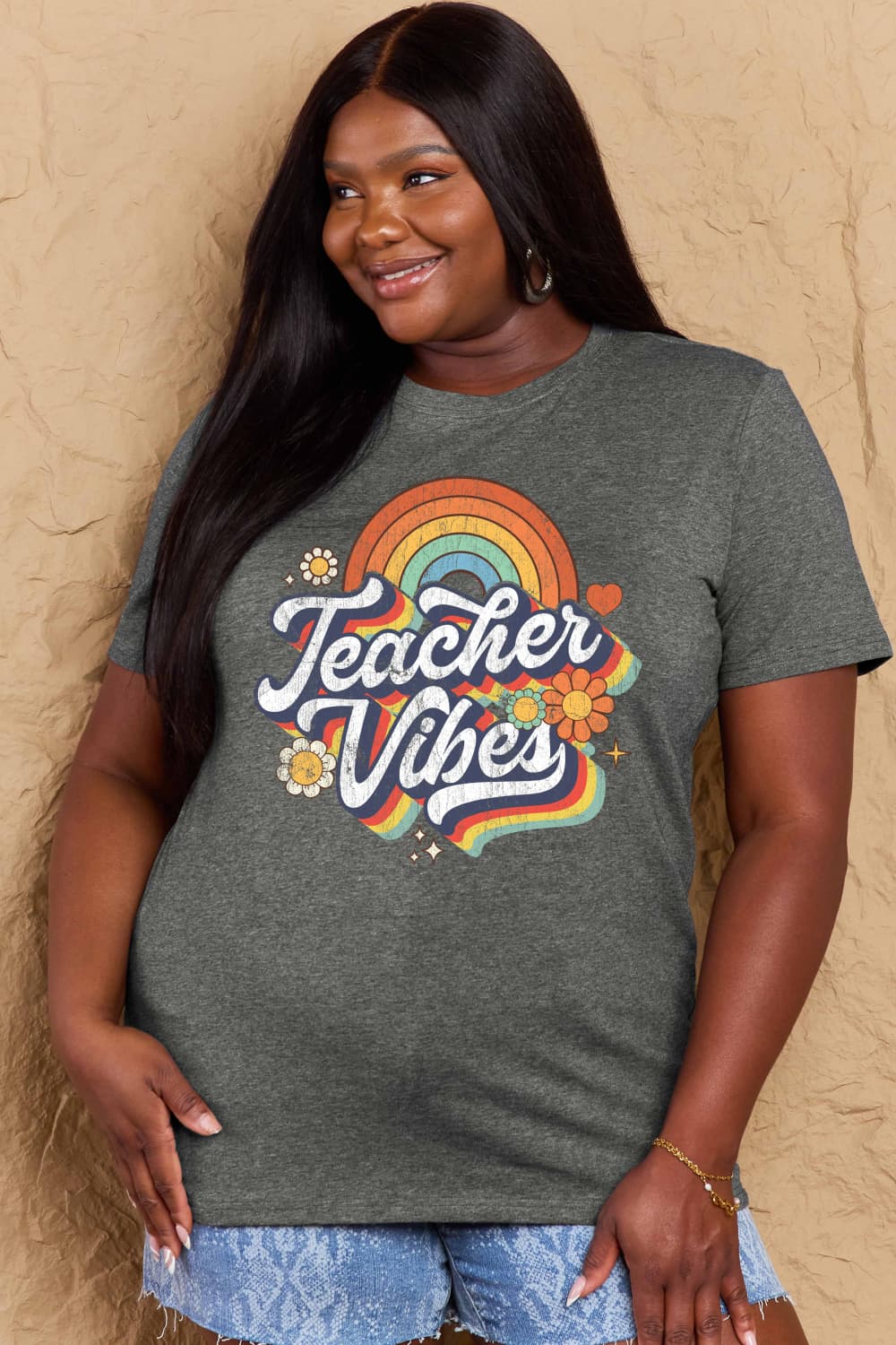 Simply Love Full Size TEACHER VIBES Graphic Cotton T-Shirt-Jewearrings