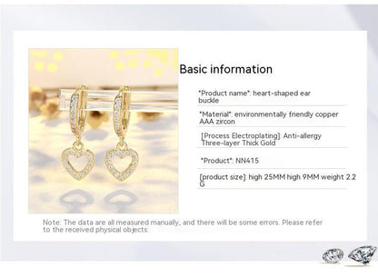 New French Retro S925 Sterling Silver Full Inlaid Love Heart Earrings High-grade Light Luxury Ear Clip Gold Plated-Jewearrings