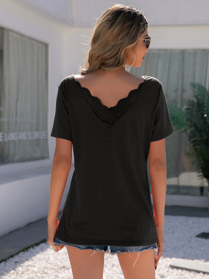 Lace Detail V-Neck Short Sleeve T-Shirt-Jewearrings