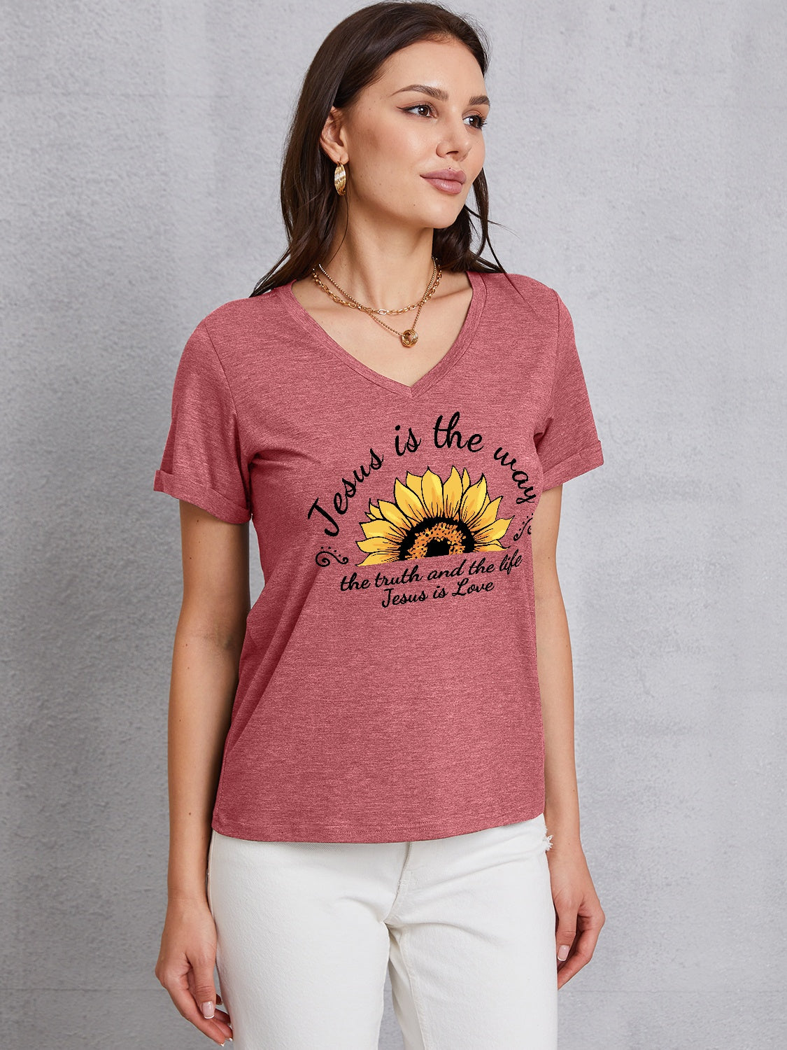 Sunflower V-Neck Short Sleeve T-Shirt-Jewearrings