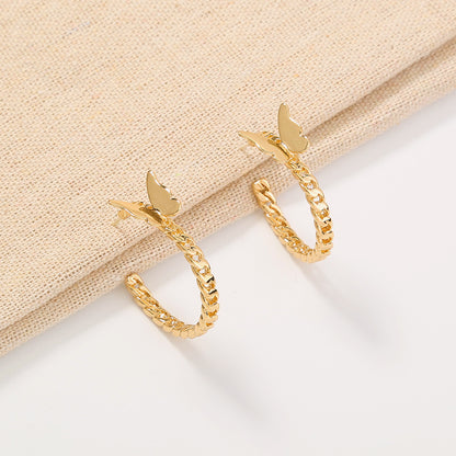 Shang Personality Geometric C-shaped Earrings Punk Metal Butterfly Ear Hoop Earrings-Jewearrings