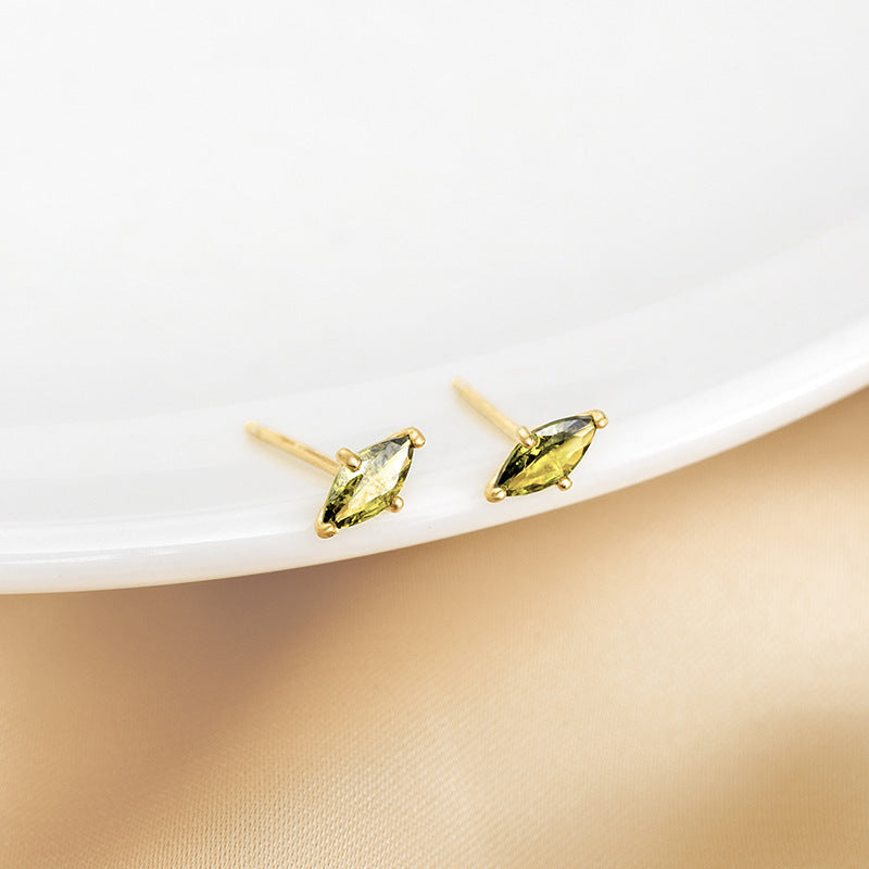 S925 Sterling Silver Gold Plated Olive Green Marquise Stud Earrings-Jewearrings