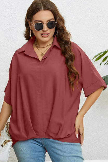 Plus Size Collared Half Sleeve Hem Detail Top-Jewearrings