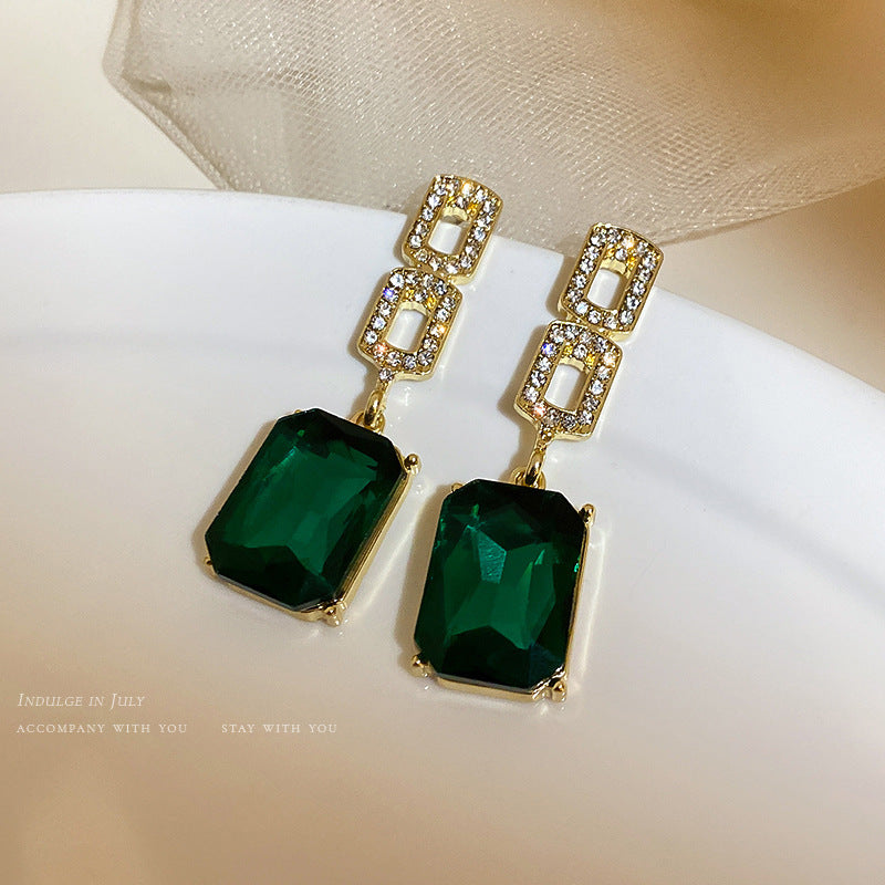 Silver Needle Zircon Emerald Crystal Geometric Earrings Necklace Set-Jewearrings