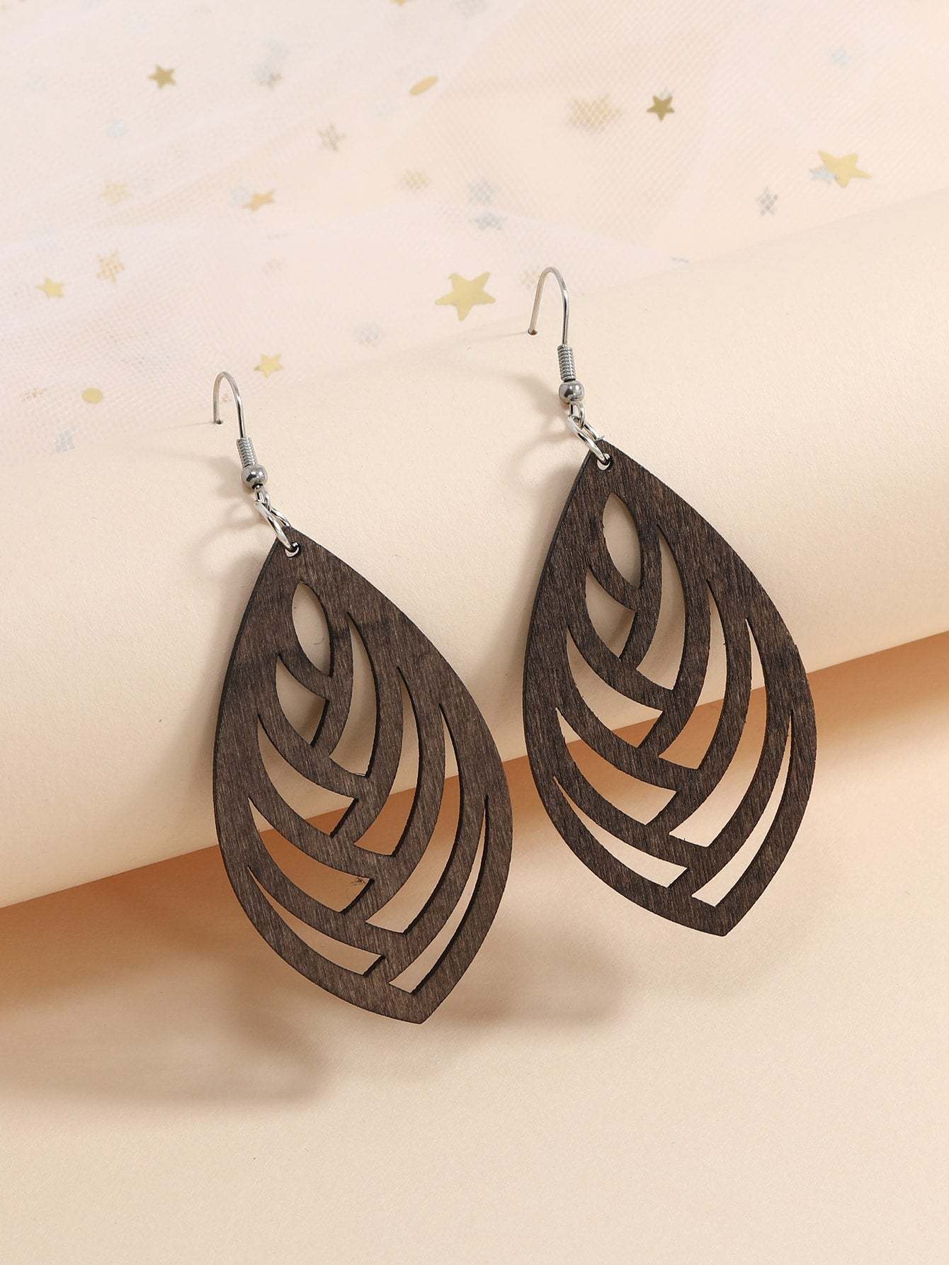 Hollow Geometry Wood Earrings Eardrop Personality Wooden Earrings Silver-plated Ear Studs-Jewearrings