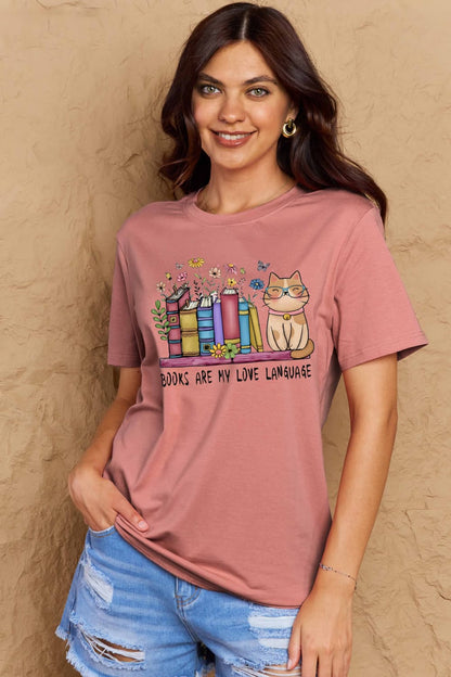 Simply Love Full Size BOOKS ARE MY LOVE LANGUAGE Graphic Cotton Tee-Jewearrings