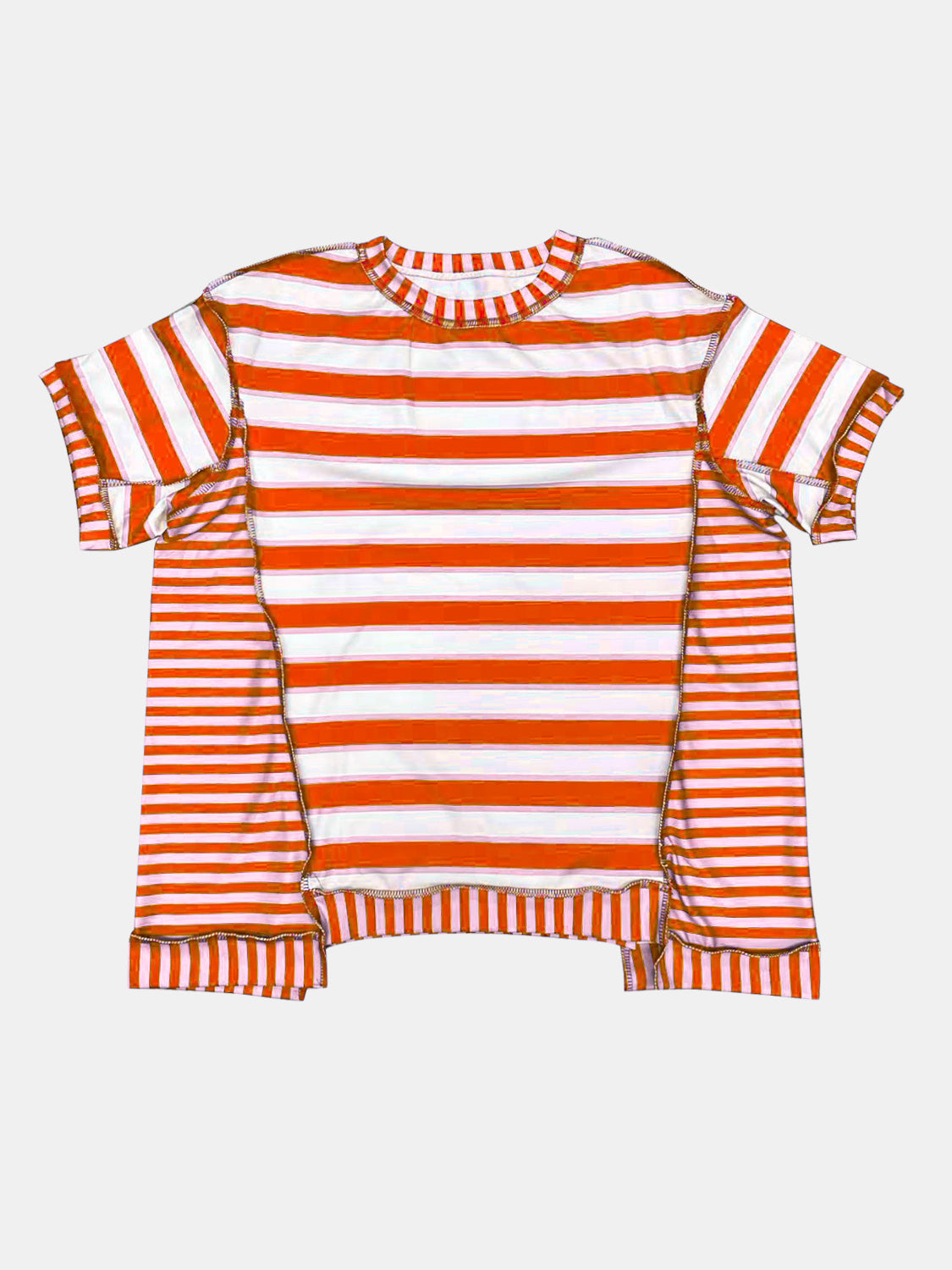 Full Size Contrast Stitching Striped Round Neck T-Shirt-Jewearrings