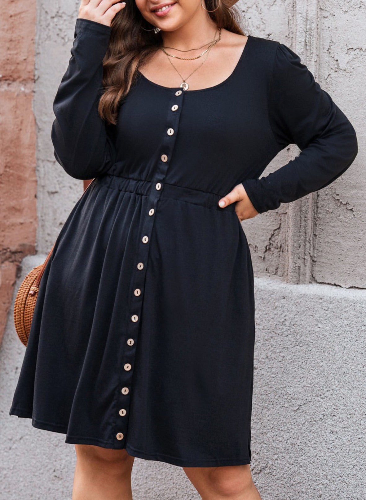 Plus Size Button Front Elastic Waist Long Sleeve Dress-Jewearrings