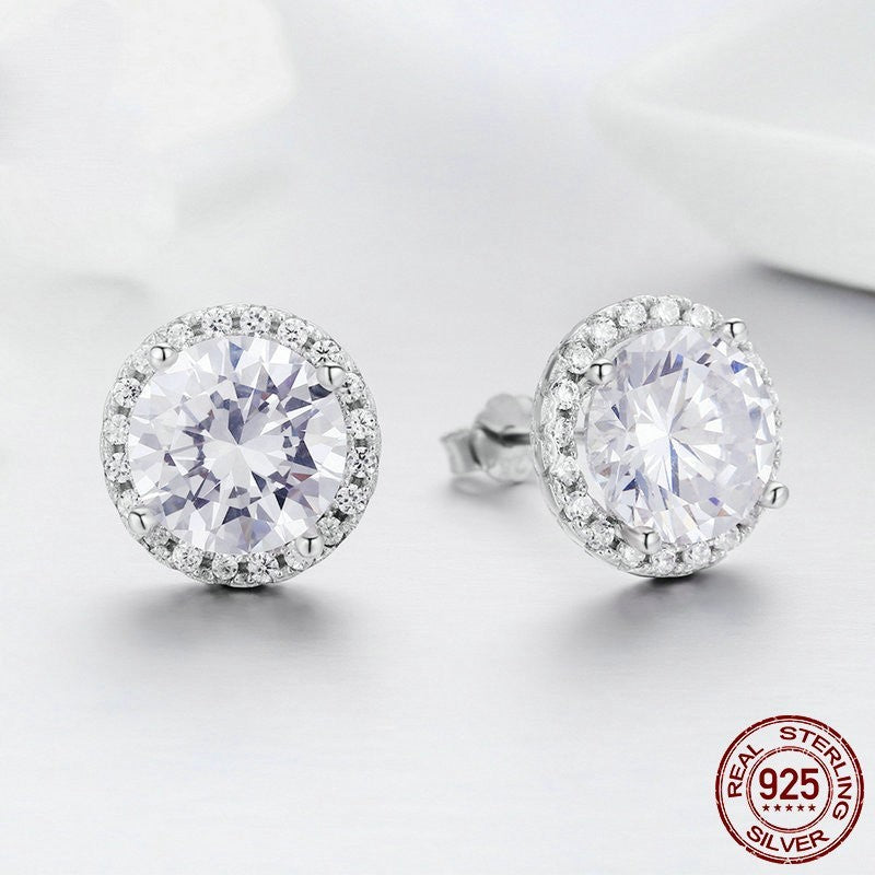 Simple Round S925 Sterling Silver Zircon Stud Earrings-Jewearrings