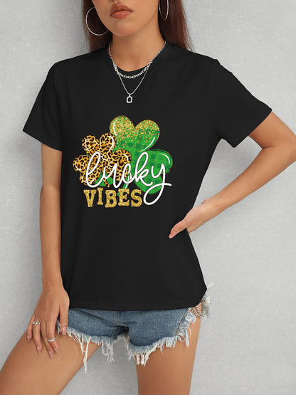 LUCKY VIBES Round Neck Short Sleeve T-Shirt-Jewearrings