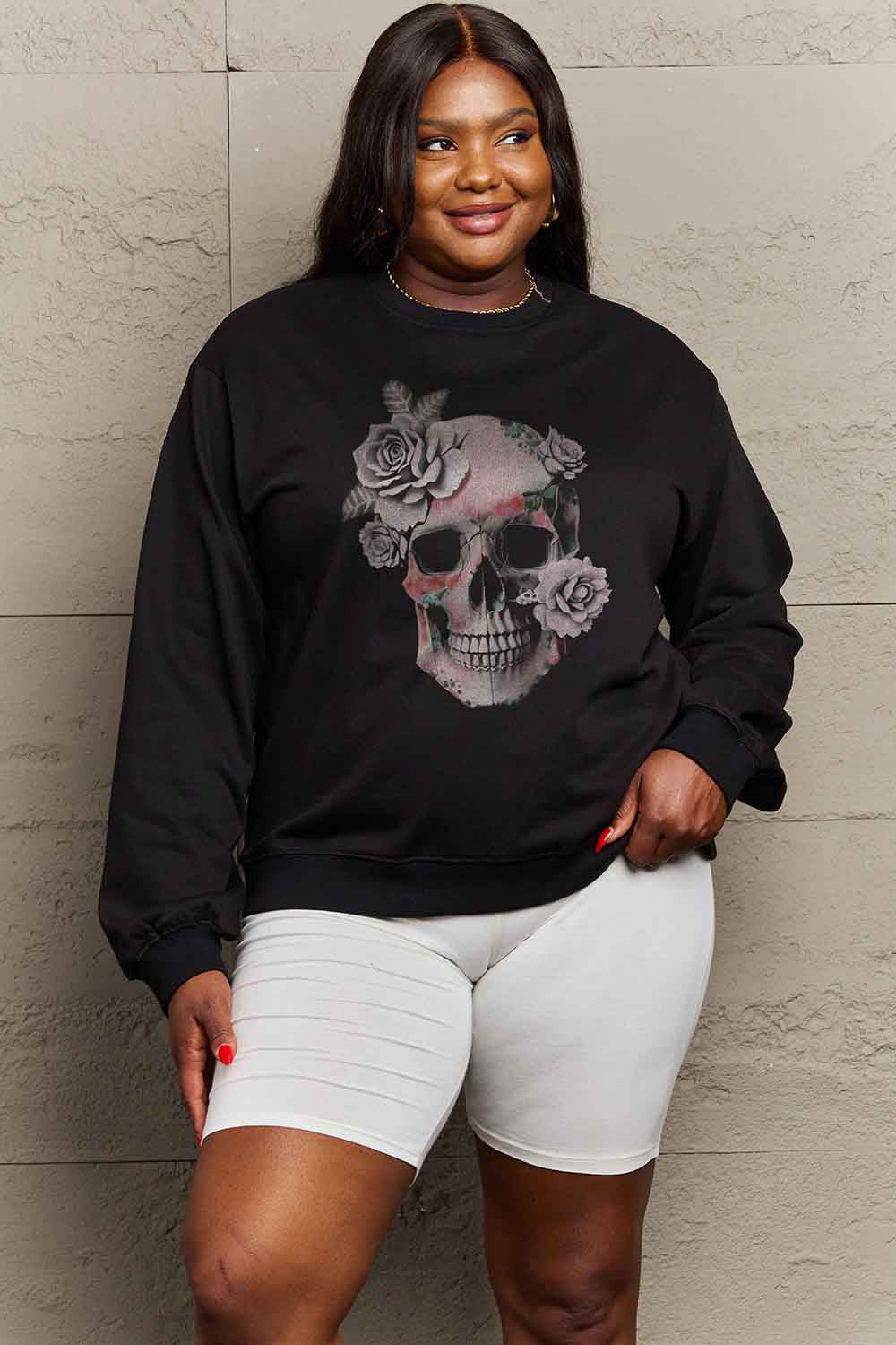 Simply Love Simply Love Full Size Dropped Shoulder SKULL Graphic Sweatshirt-Jewearrings