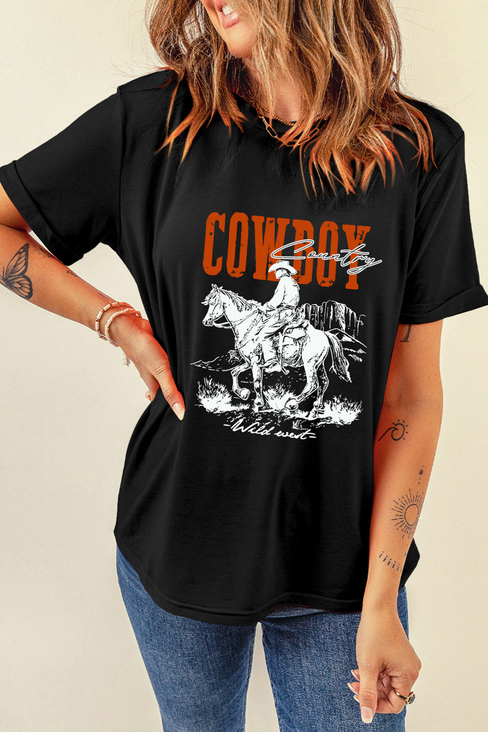 COWBOY Round Neck Short Sleeve T-Shirt-Jewearrings