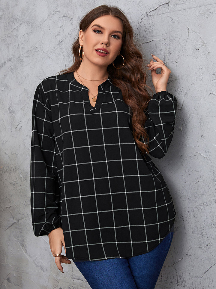 Plus Size Notched Neck Long Sleeve Blouse-Jewearrings