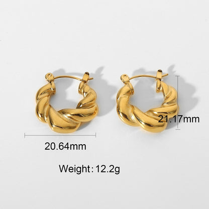 Women's 18K Gold Twist Weave Thick Type Round Ring Stainless Steel Earrings-Jewearrings