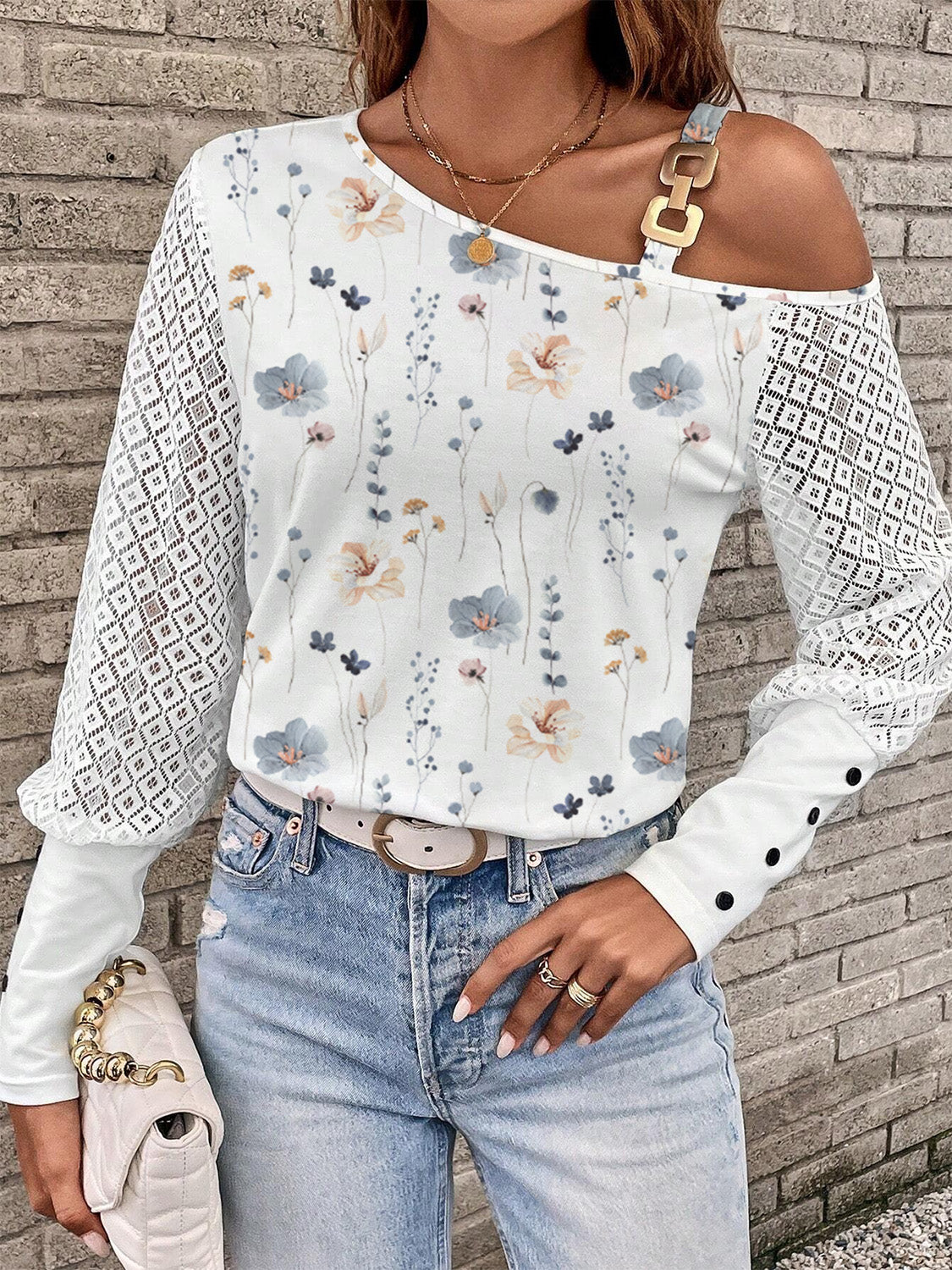 Printed Asymmetrical Neck Lantern Sleeve T-Shirt-Jewearrings