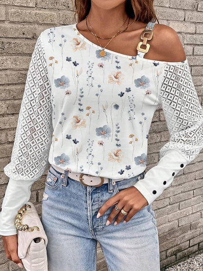 Printed Asymmetrical Neck Lantern Sleeve T-Shirt-Jewearrings