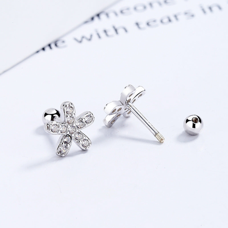 Women's Simple Sterling Silver Screw Pattern Flower Earrings-Jewearrings