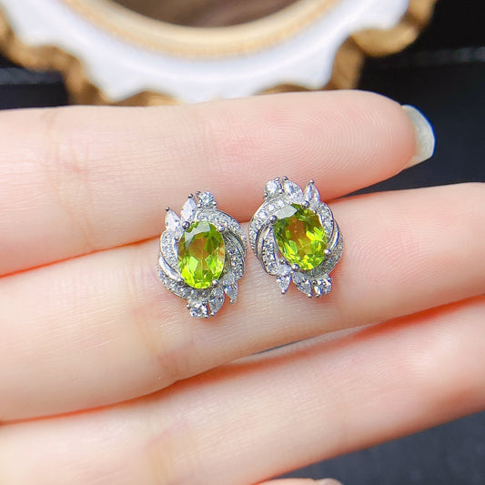 Natural Olivine Stud Earrings S925 Silver Inlaid Main Stone-Jewearrings