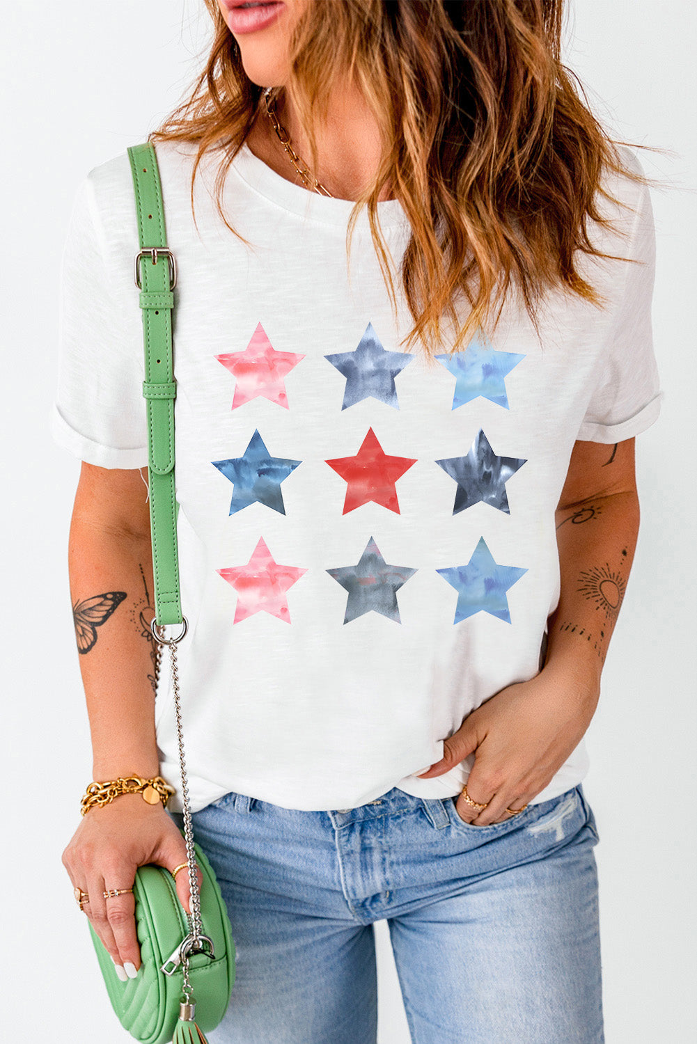 Star Round Neck Short Sleeve T-Shirt-Jewearrings